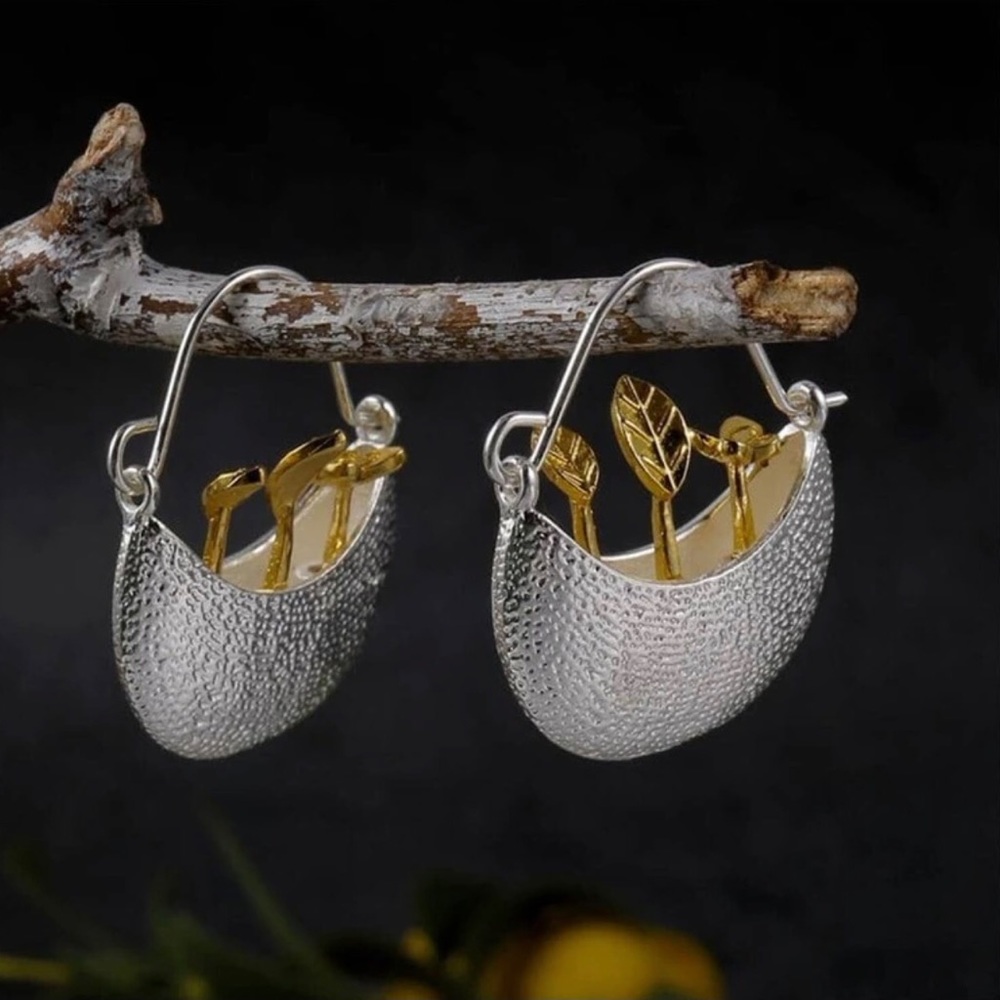 “Sprouts in a Basket” Seedling Butterfly Planter Botany Whimsy Two Tone 3D Hoops - Picture 10 of 11